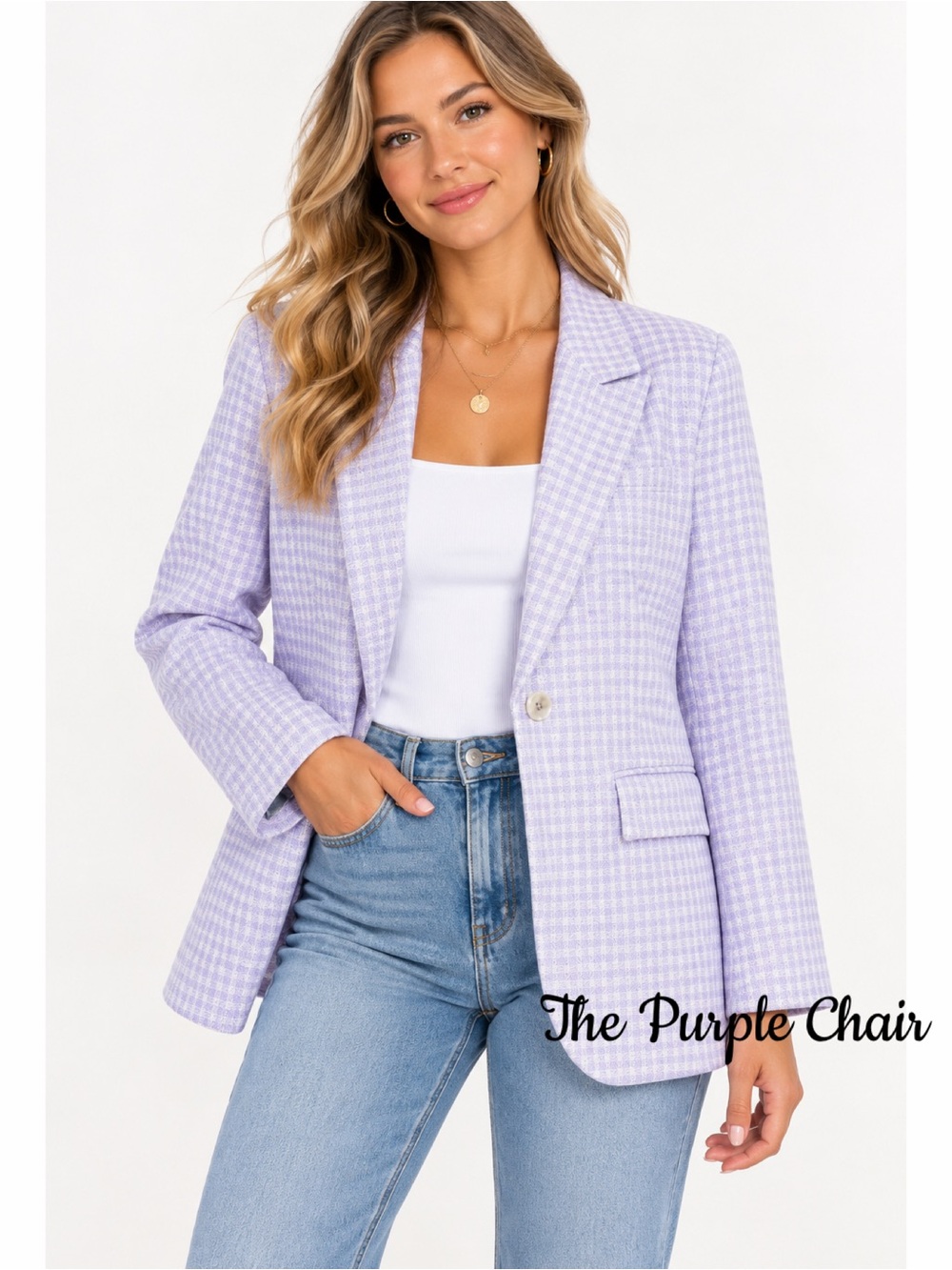 FORE NWT Lavender/Ivory Plaid Long Sleeve Button Front Blazer L